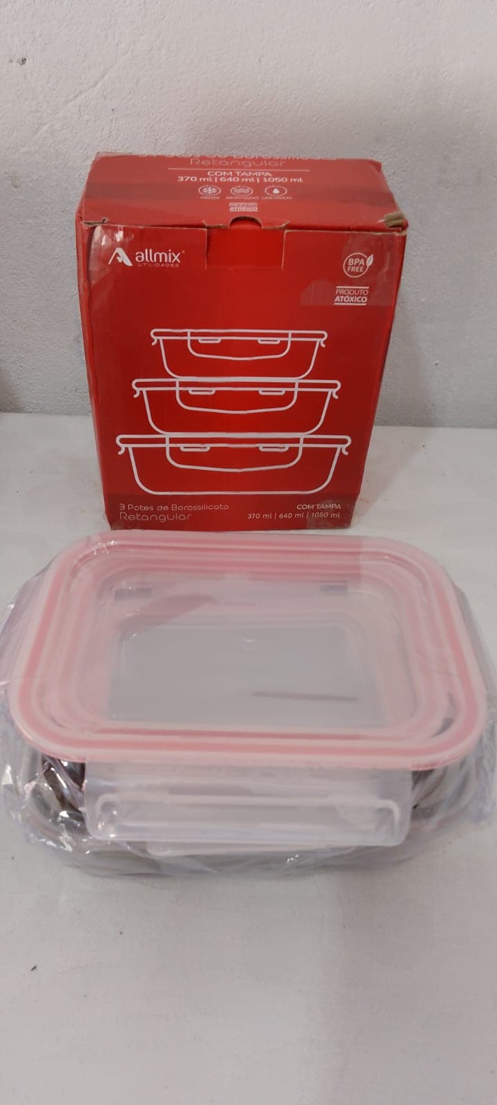 Conjunto 3 potes de vidro borossilicato Allmix com tampa