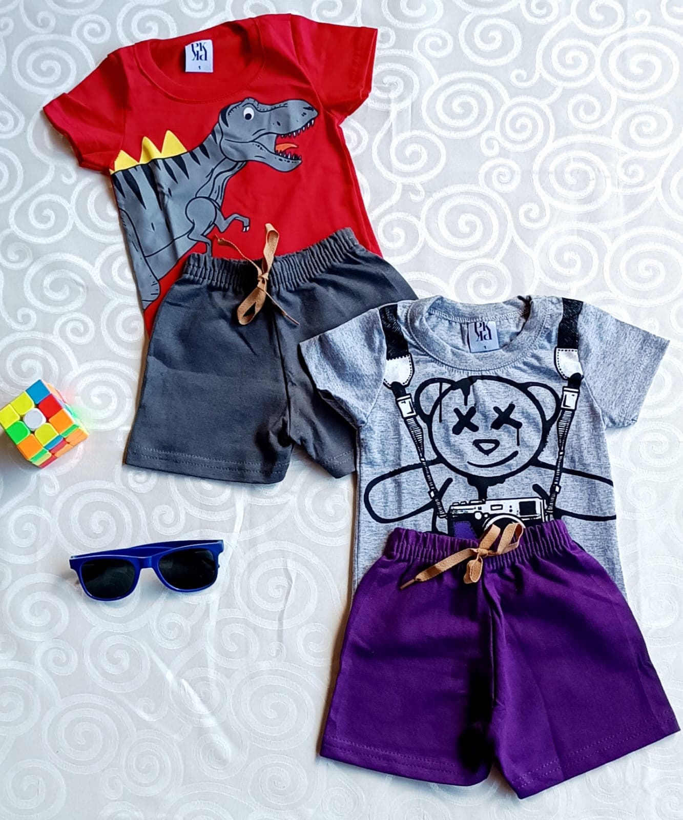 Kit 2 Conjuntos Infantil Menino Dino T Rex e Urso Suspensorio - TAM 1