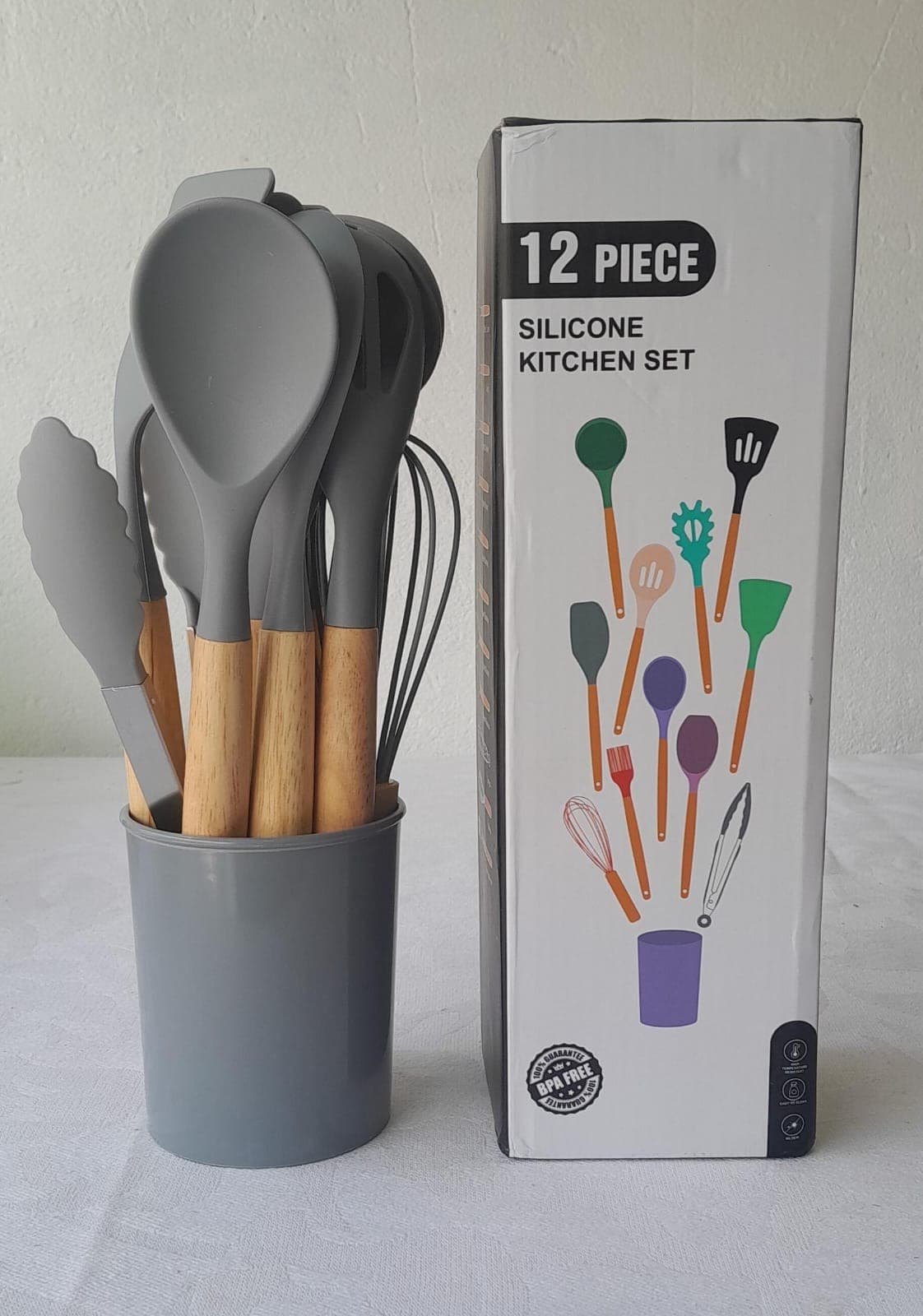 Kit 12 Peças Utensílios Silicone Cabo de Madeira Cinza