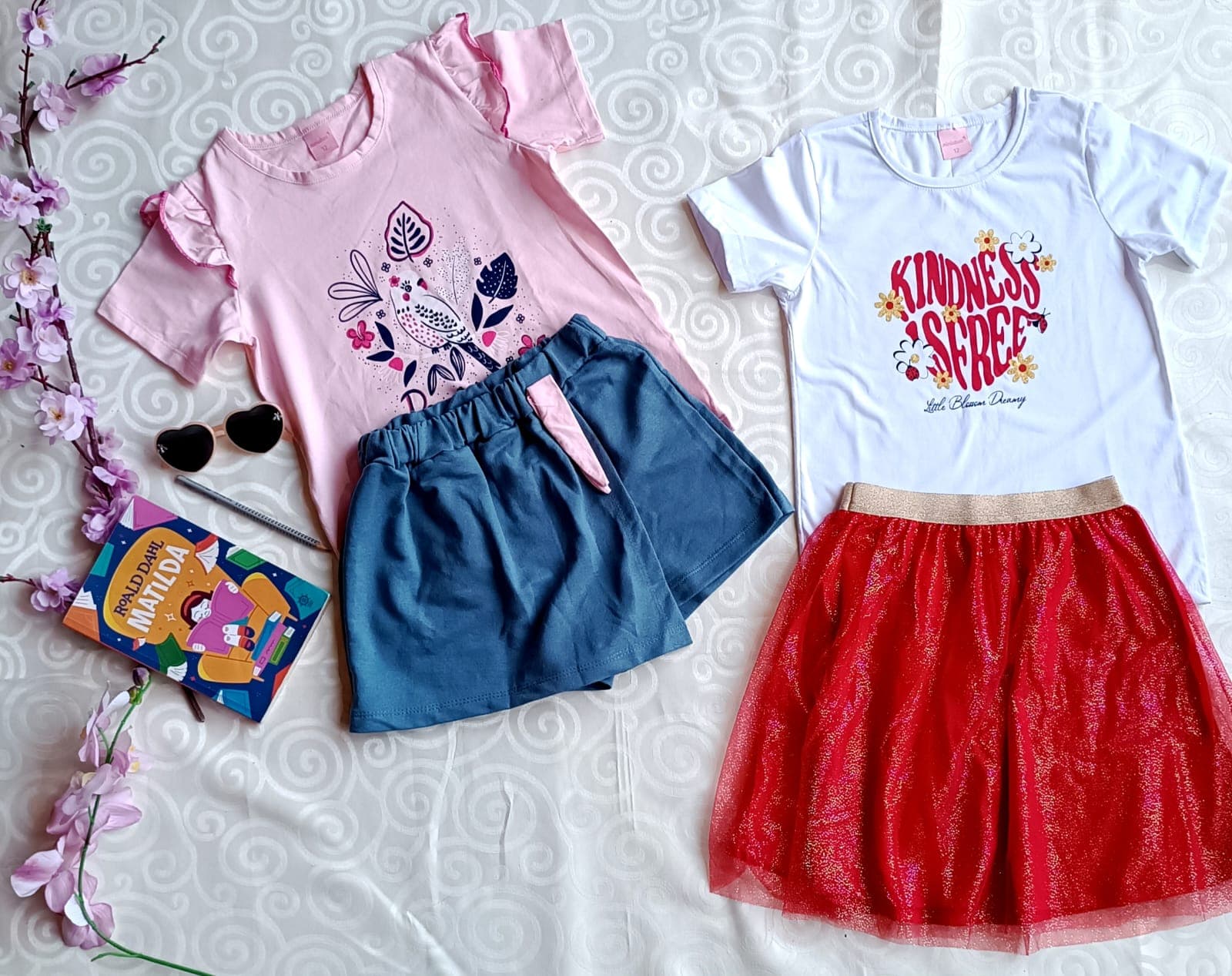 Kit 2 Conjuntos Infantil Menina Flores Rosa e Kindness - TAM 12