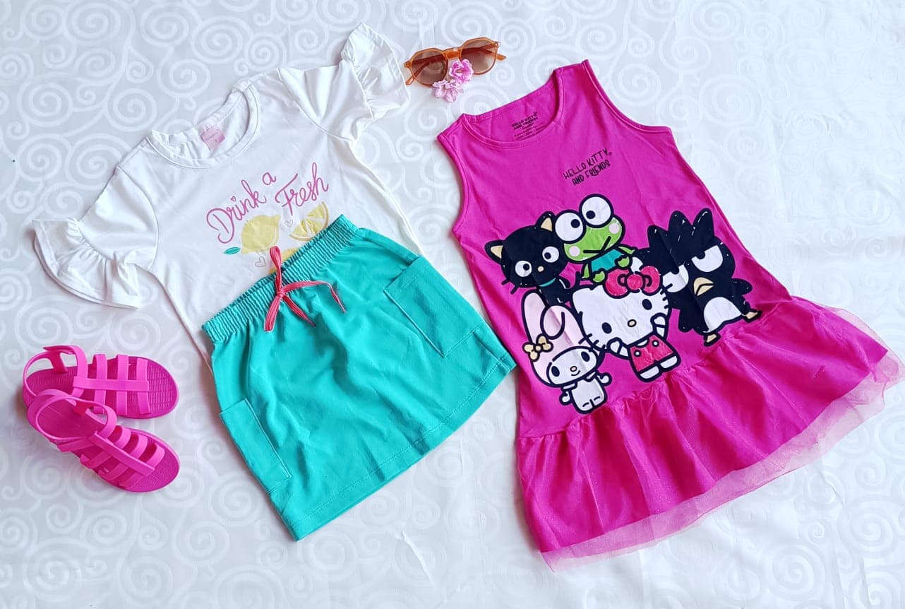 Kit Infantil Menina Conjunto Drink a Fresh e Vestido Hello Kitty - TAM 8