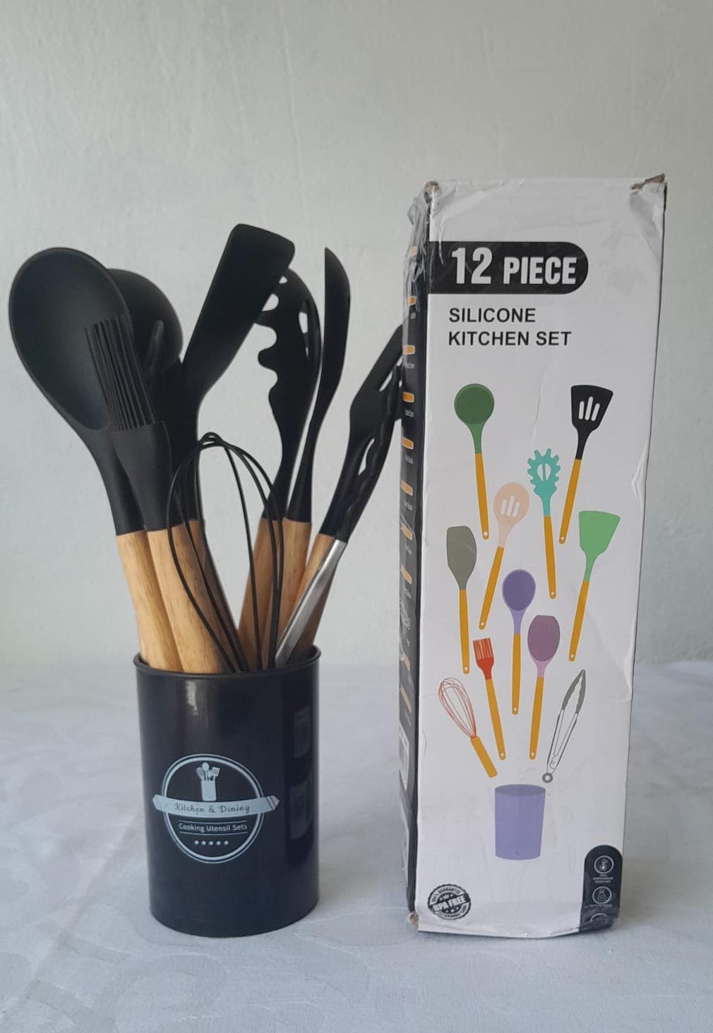 Kit 12 Peças Utensílios Silicone Cabo de Madeira Preto