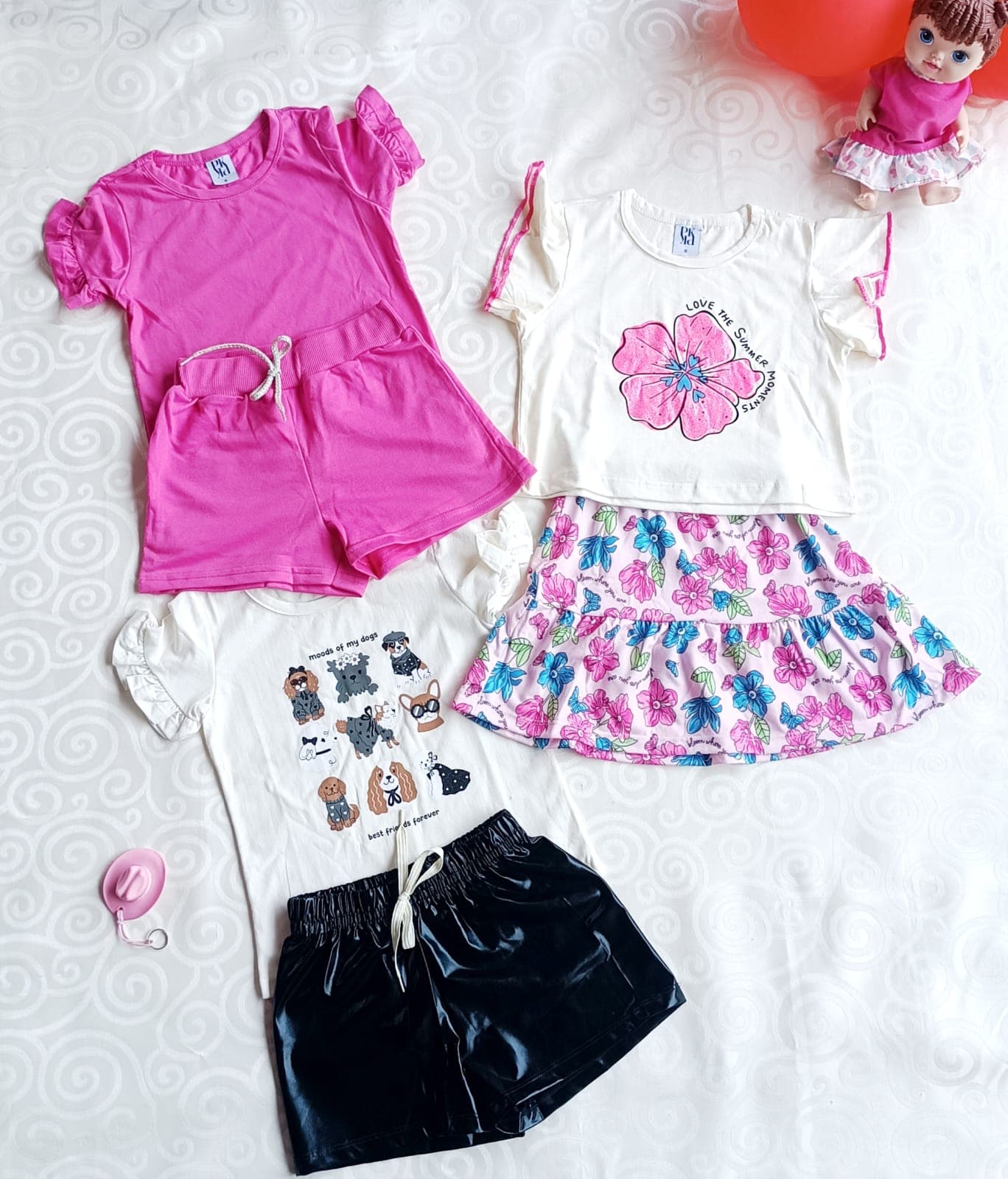 Kit 3 Conjuntos Infantil Menina Pink Liso Flor e Cachorrinhos - TAM 6